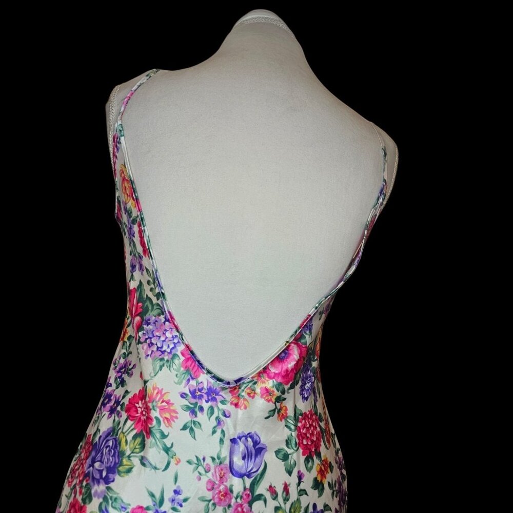 90s Satin White Floral Mini Slip Dress Pink Purple Size S Small Low Back Short - Picture 8 of 11